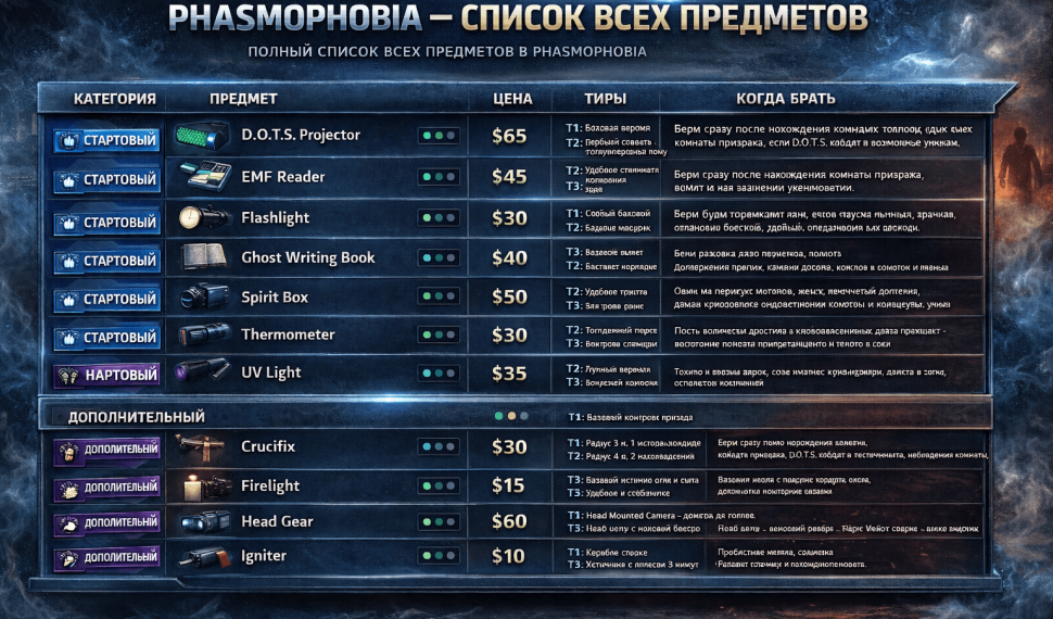 Phasmophobia список предметов